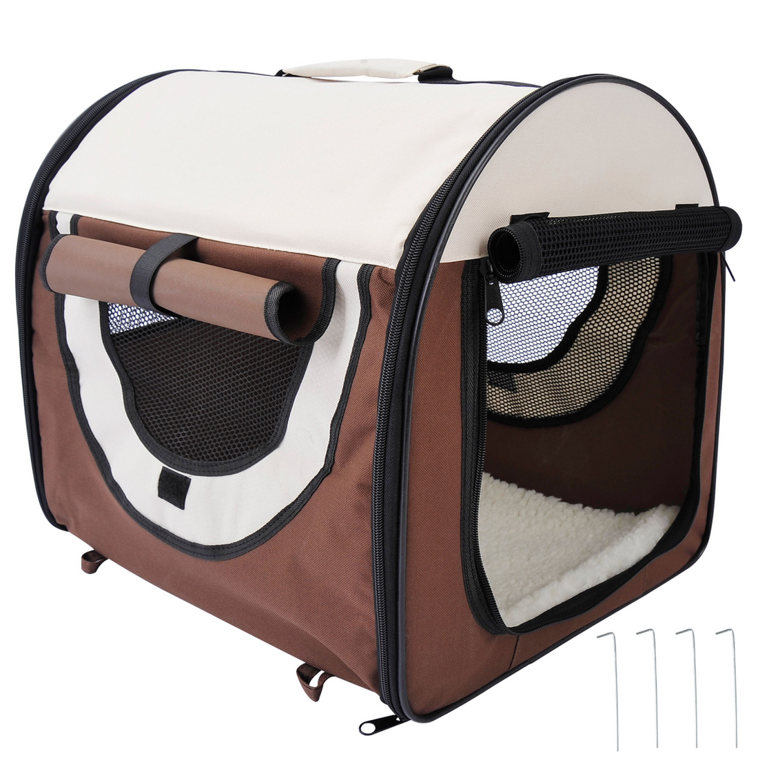 Foldable brown soft pet travel crate with mesh ventilation