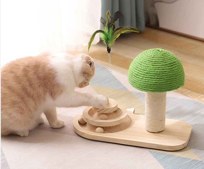 Wooden interactive cat ball track toy with feather detail