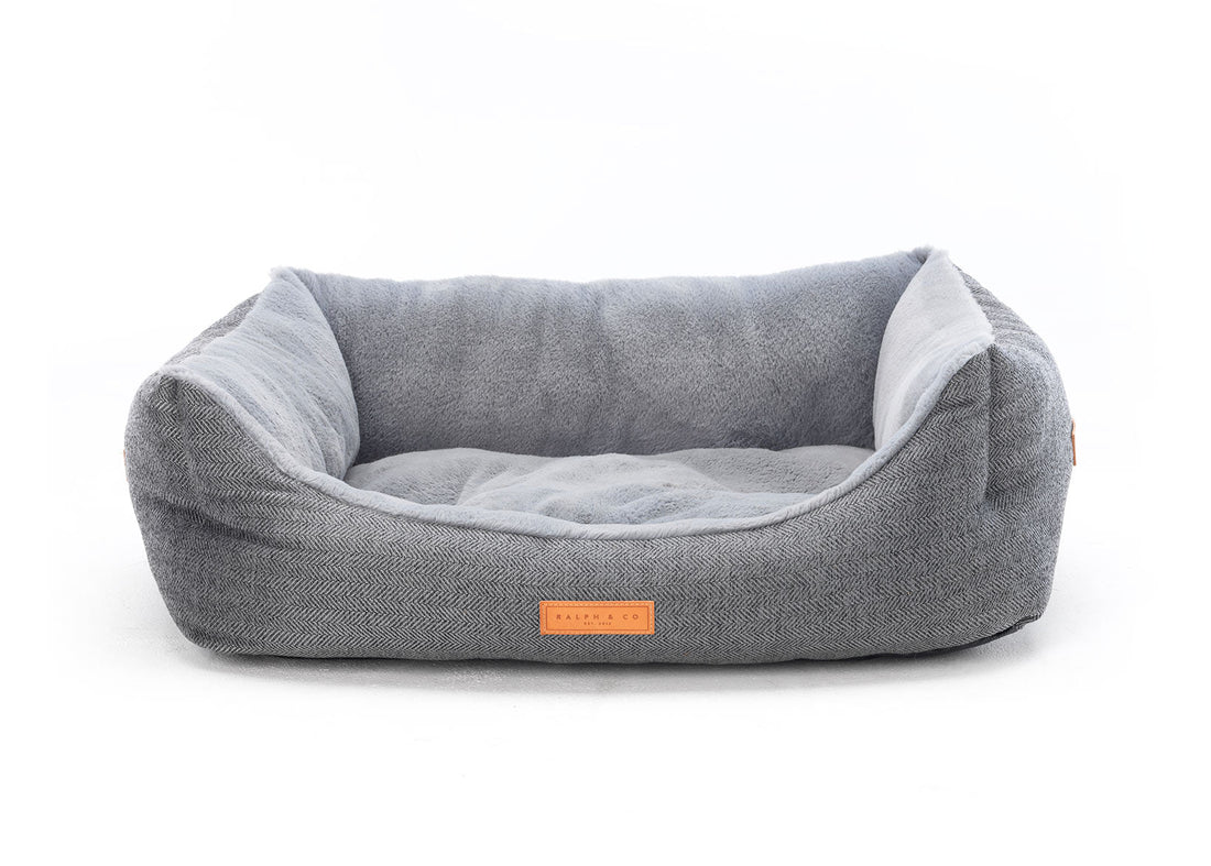 The Balmoral grey herringbone bolster dog bed
