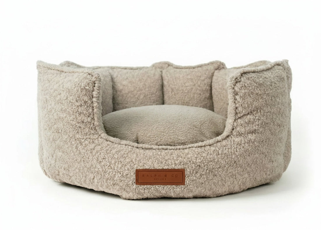 The Cotswold oatmeal bouclé high-wall dog bed