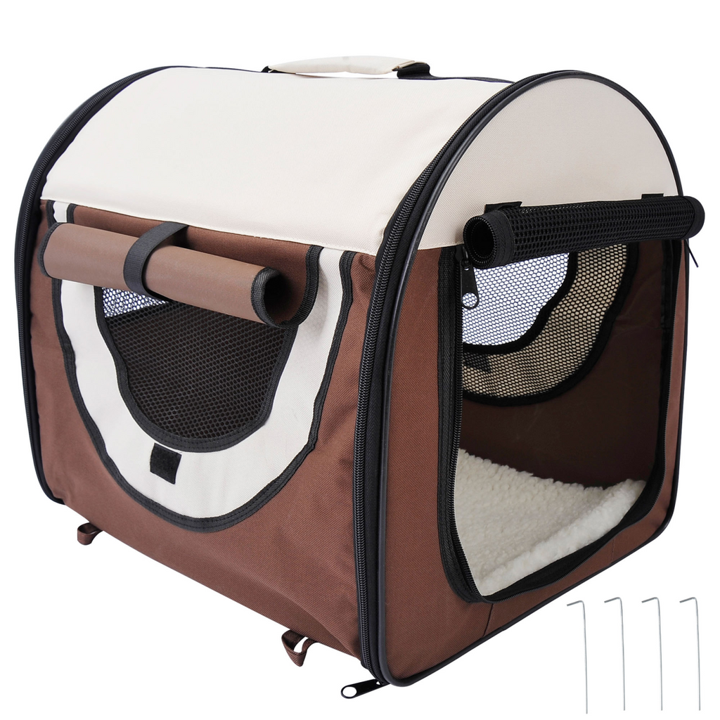 Foldable brown soft pet travel crate with mesh ventilation