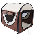 Foldable brown soft pet travel crate with mesh ventilation